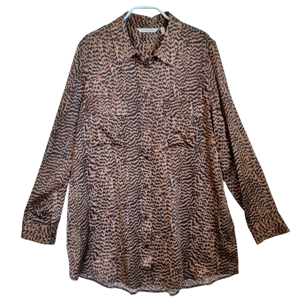 Soft Surroundings‎ Blouse 100% Silk Vivi Animal Print Long Sleeve Womens Large